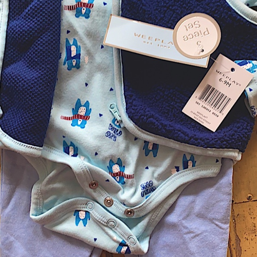 NWT TARGET WEEPLAY STRETCH BLUE FLEECE 3 PIECE OUTFIT SIZE 6 9 MONTHS COORD SET - Picture 4 of 7
